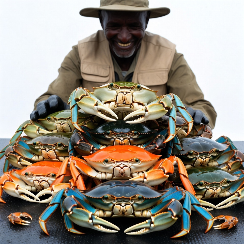 Elderly African man with pile of crabs Elderly African man with pile of crabs