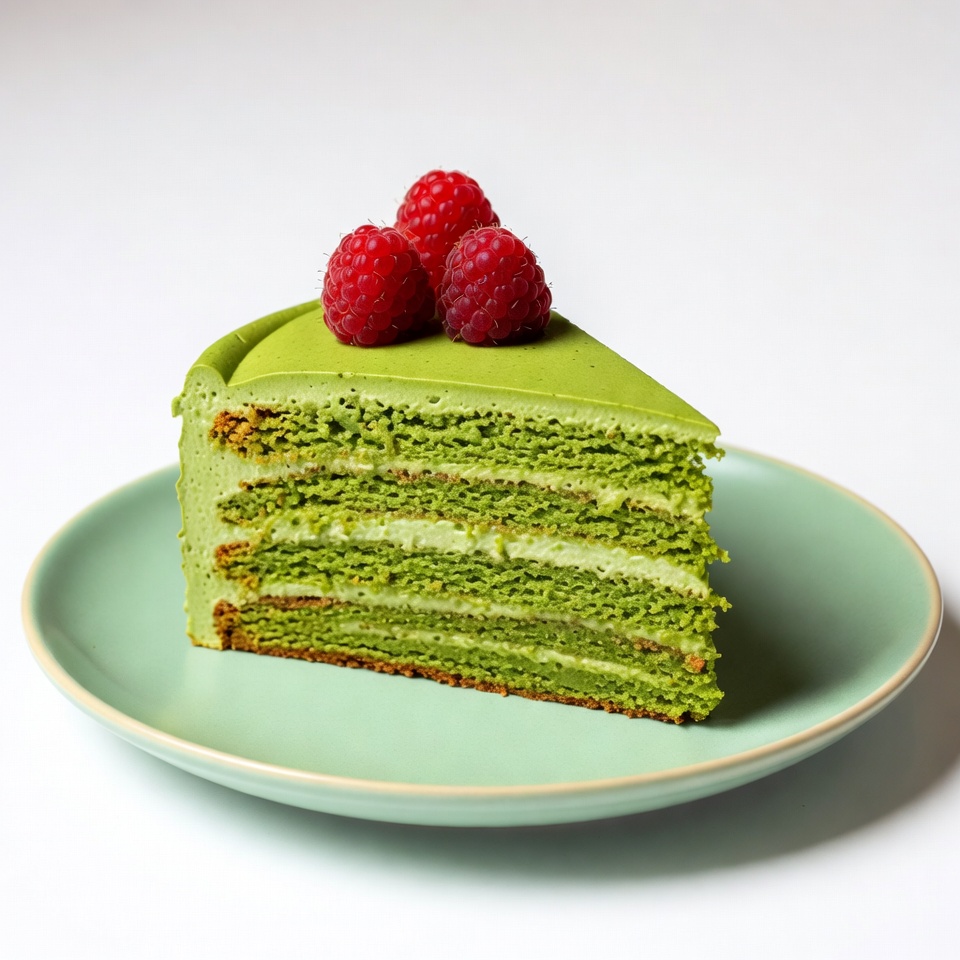 Matcha Cake Slice with Raspberries Matcha Cake Slice with Raspberries