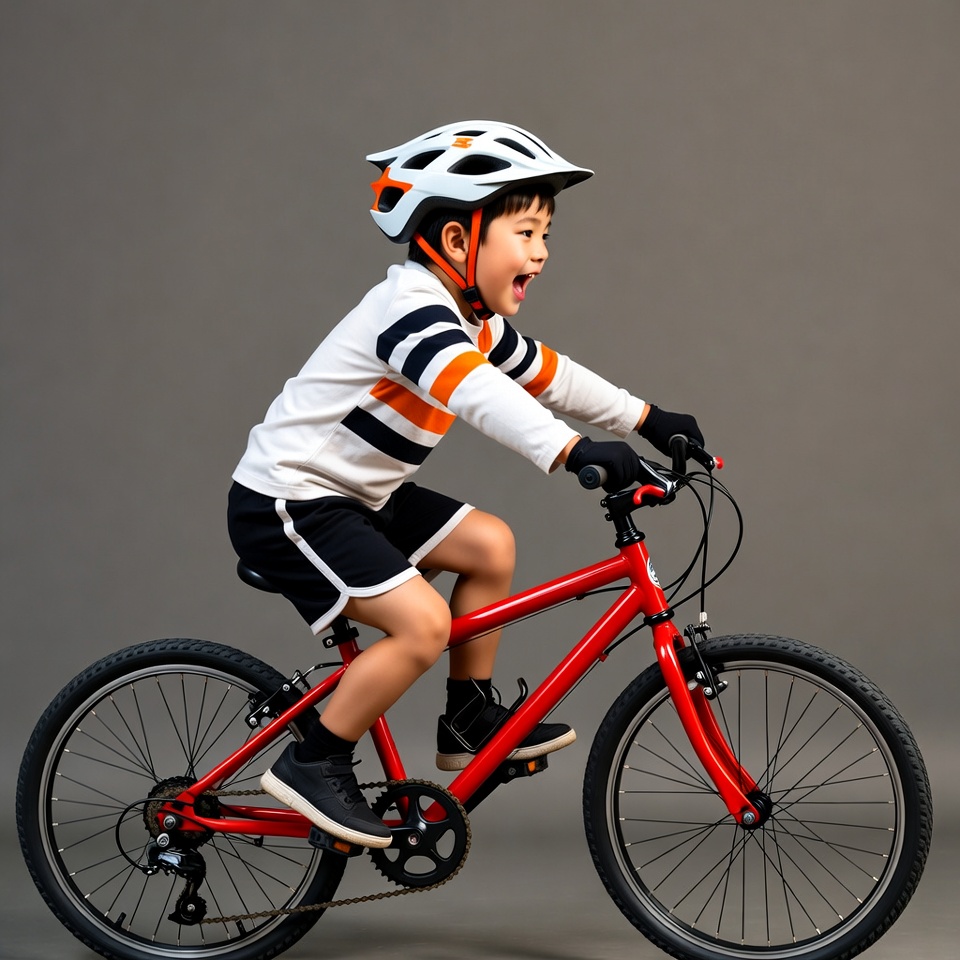 Asian boy riding red bike helmet Asian boy riding red bike helmet