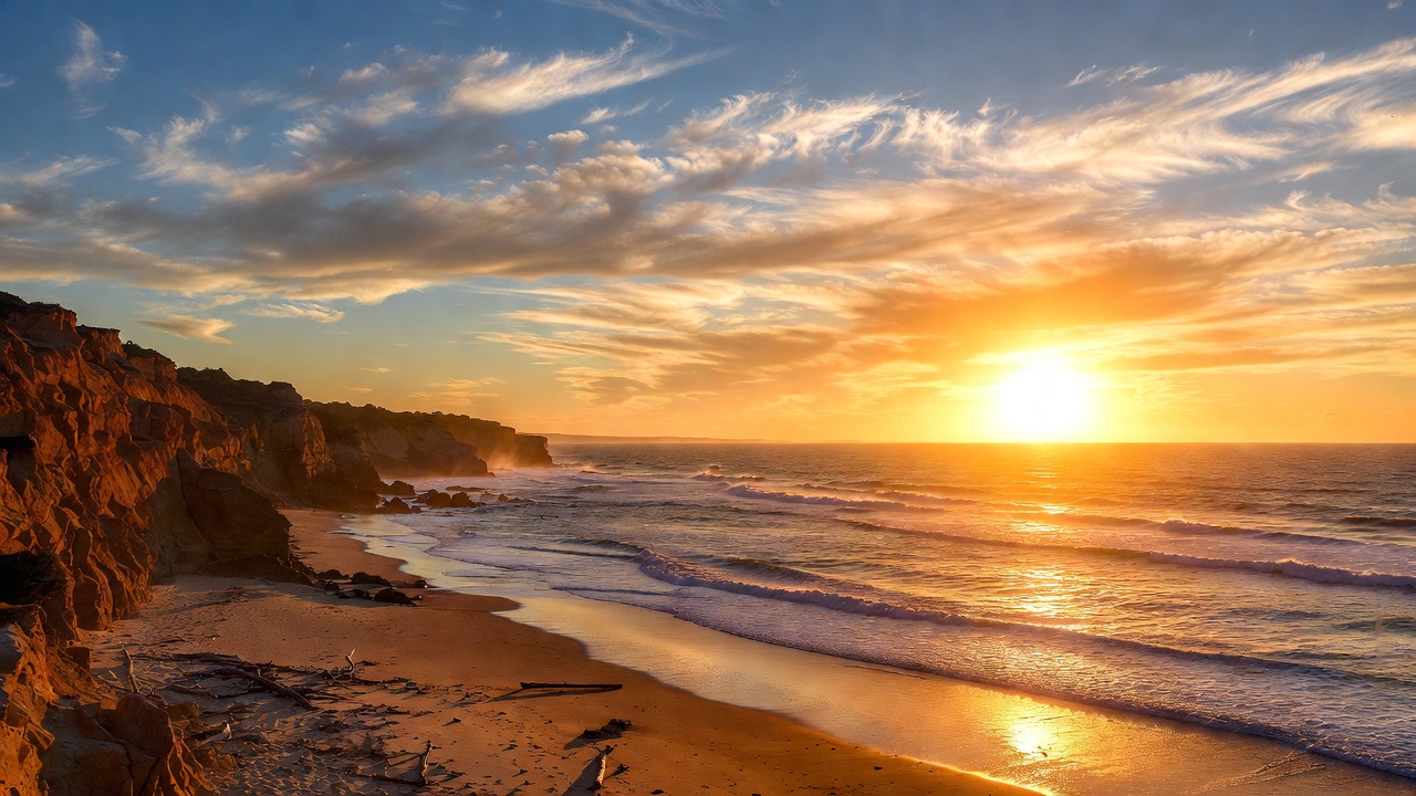 Sunset over beach with cliffs Sunset over beach with cliffs