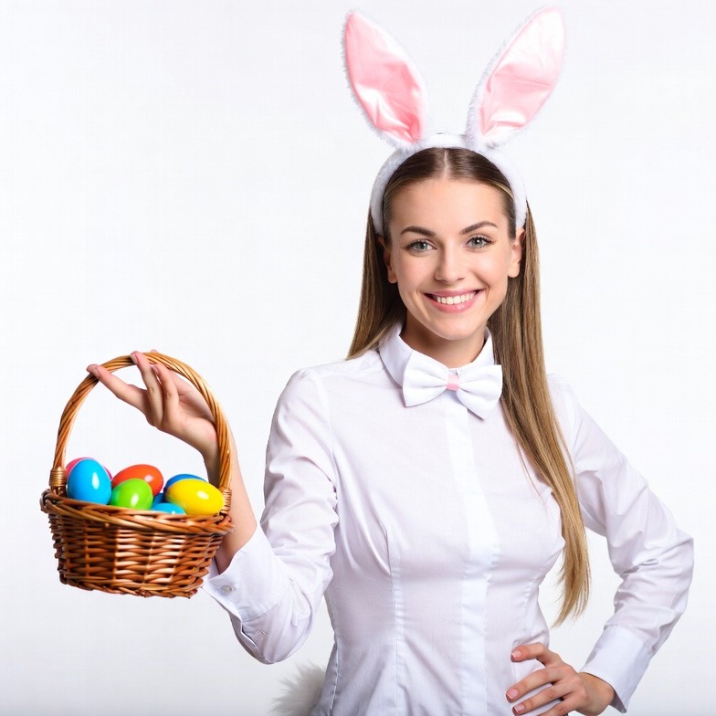 Woman with bunny ears holding Easter basket Woman with bunny ears holding Easter basket