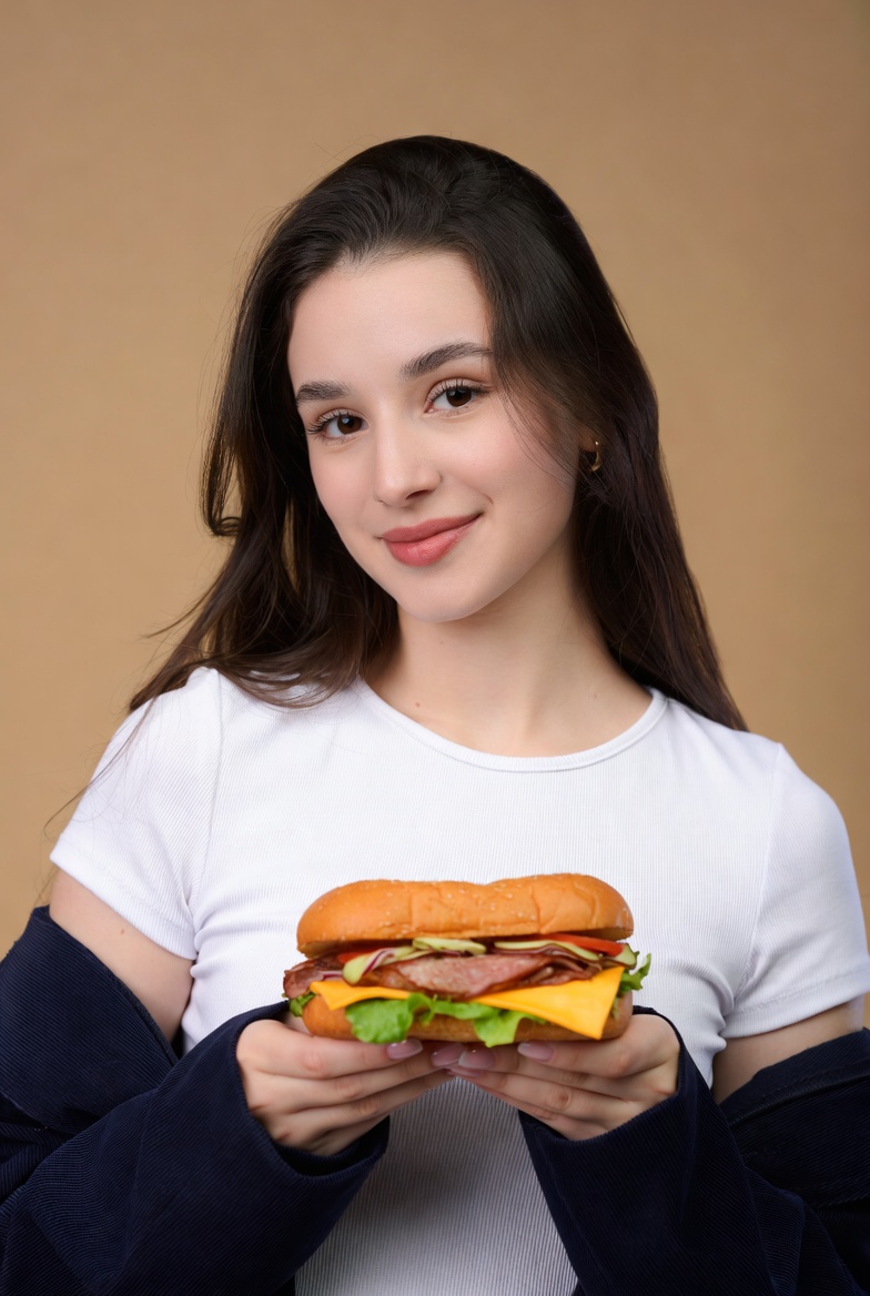 Young woman holding burger Young woman holding burger