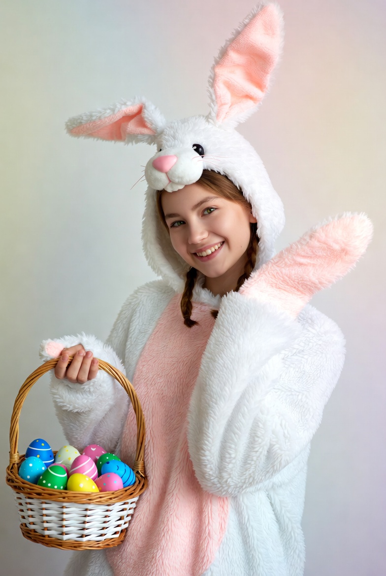 Girl in bunny costume holding Easter eggs Girl in bunny costume holding Easter eggs