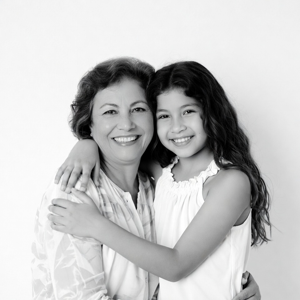 Grandmother hugging smiling girl Grandmother hugging smiling girl