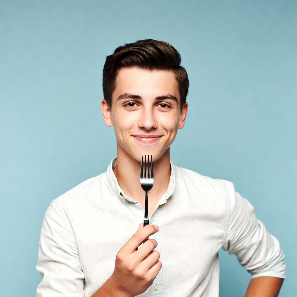 Young man holding fork Young man holding fork