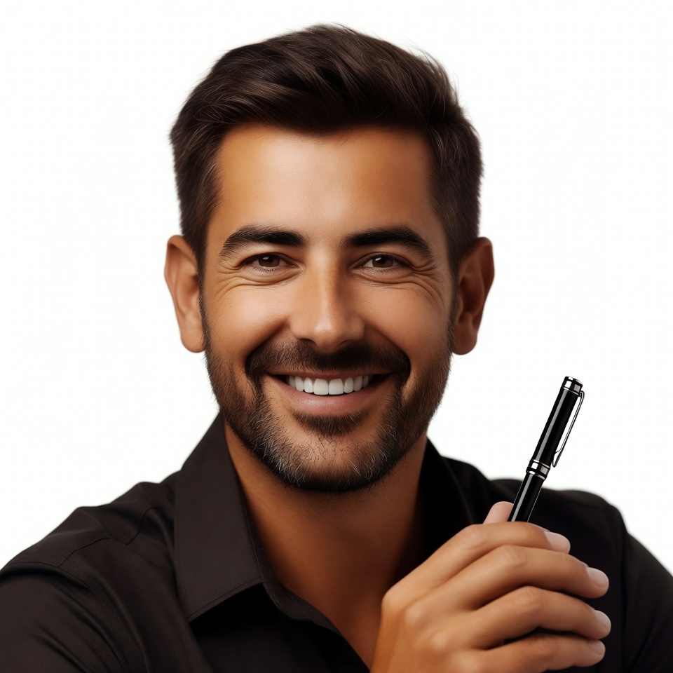 Smiling man holding pen Smiling man holding pen