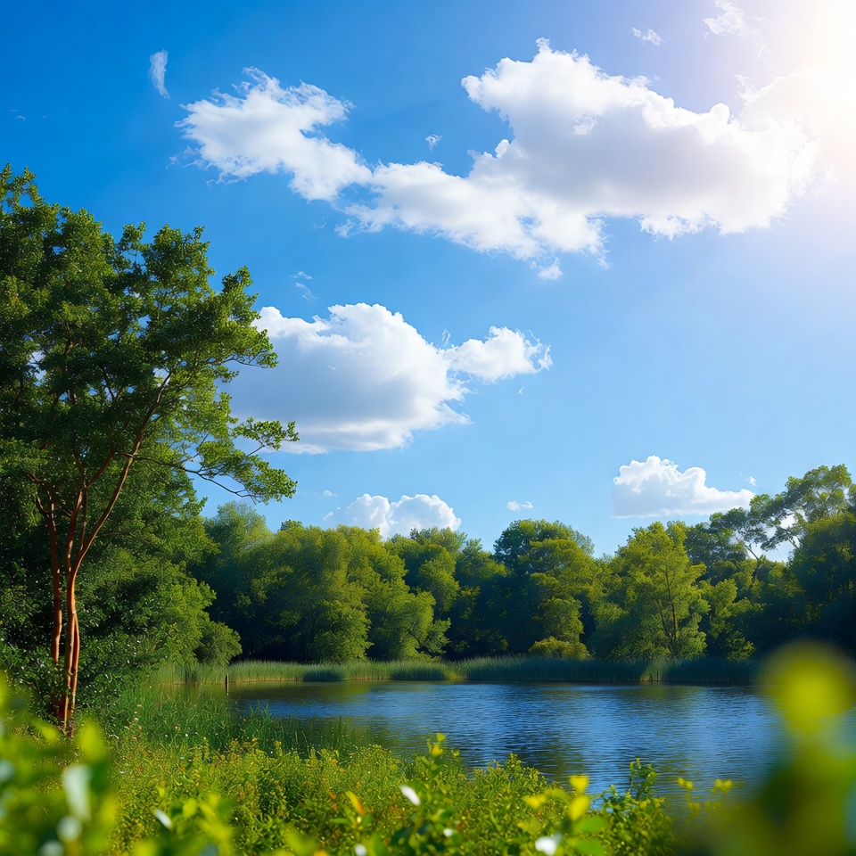 Sunny Lake with Green Trees and Blue Sky Sunny Lake with Green Trees and Blue Sky