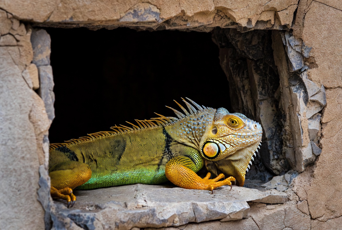 Green iguana peering from stone wall Green iguana peering from stone wall