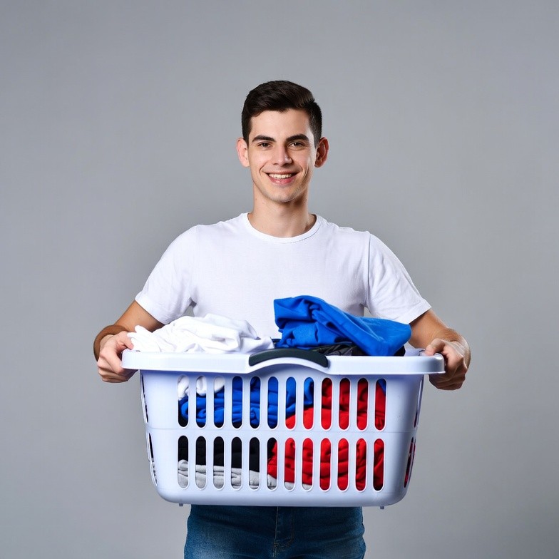 Young man holding laundry basket Young man holding laundry basket