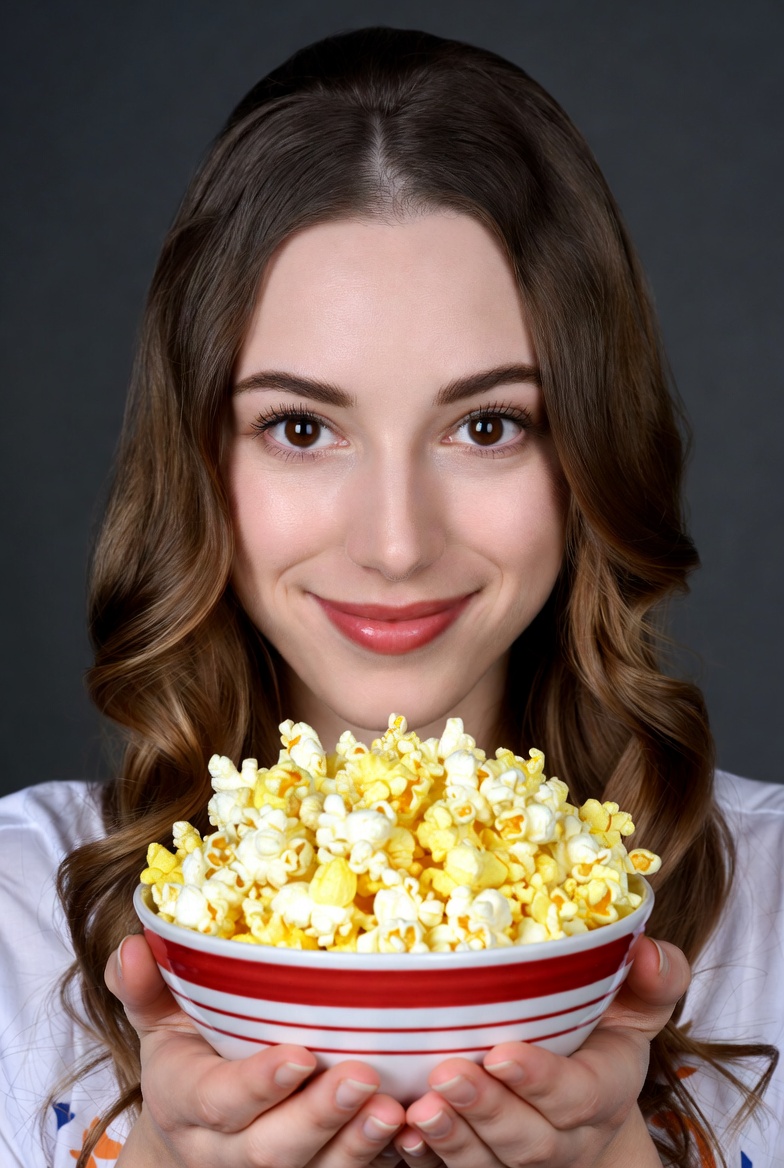 Woman holding bowl of popcorn Woman holding bowl of popcorn