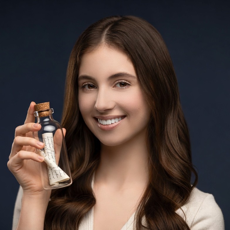 Woman holding message in bottle Woman holding message in bottle