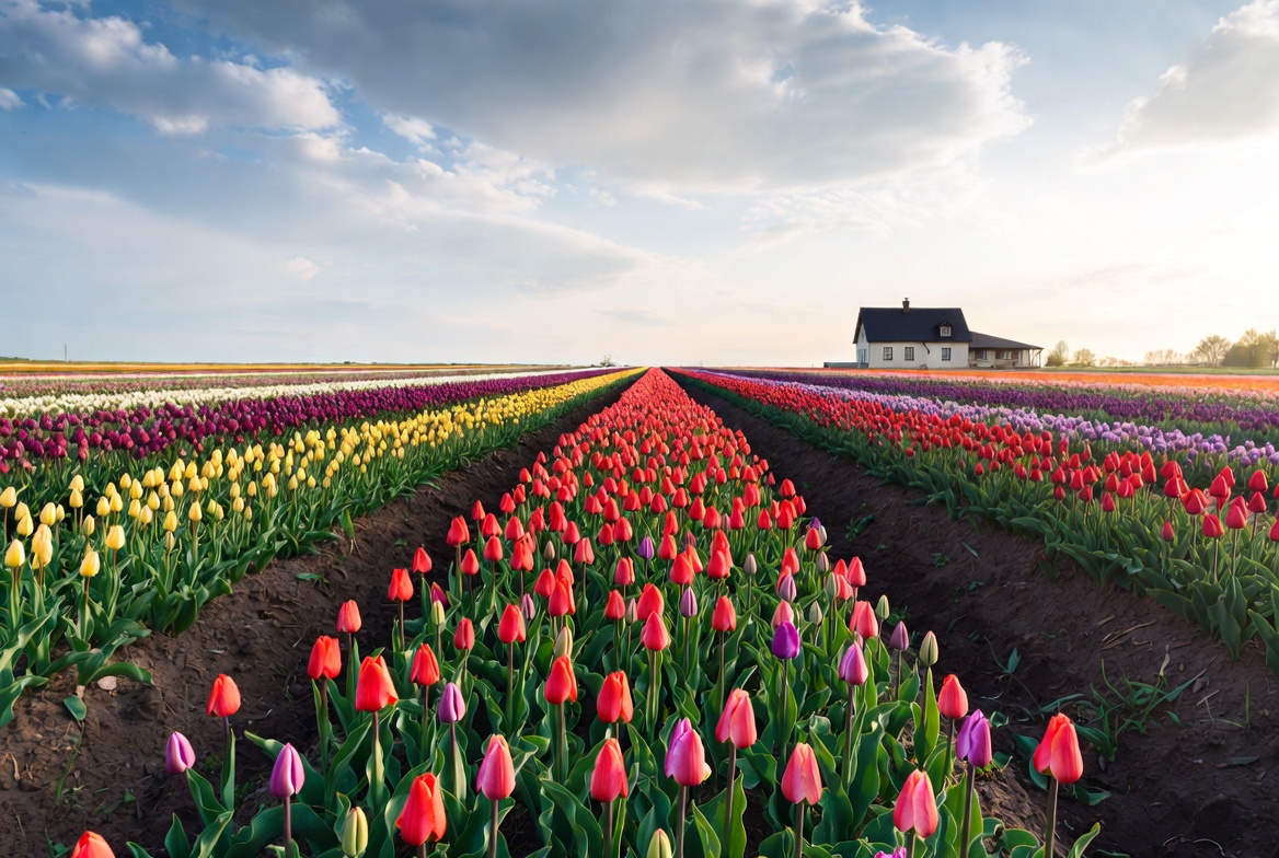 Colorful Tulip Fields with House Colorful Tulip Fields with House
