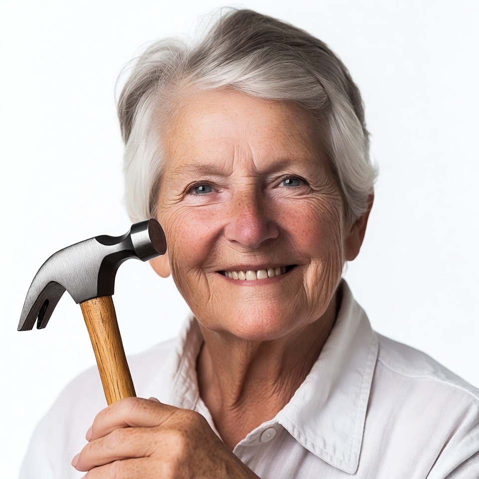 Elderly woman holding hammer Elderly woman holding hammer