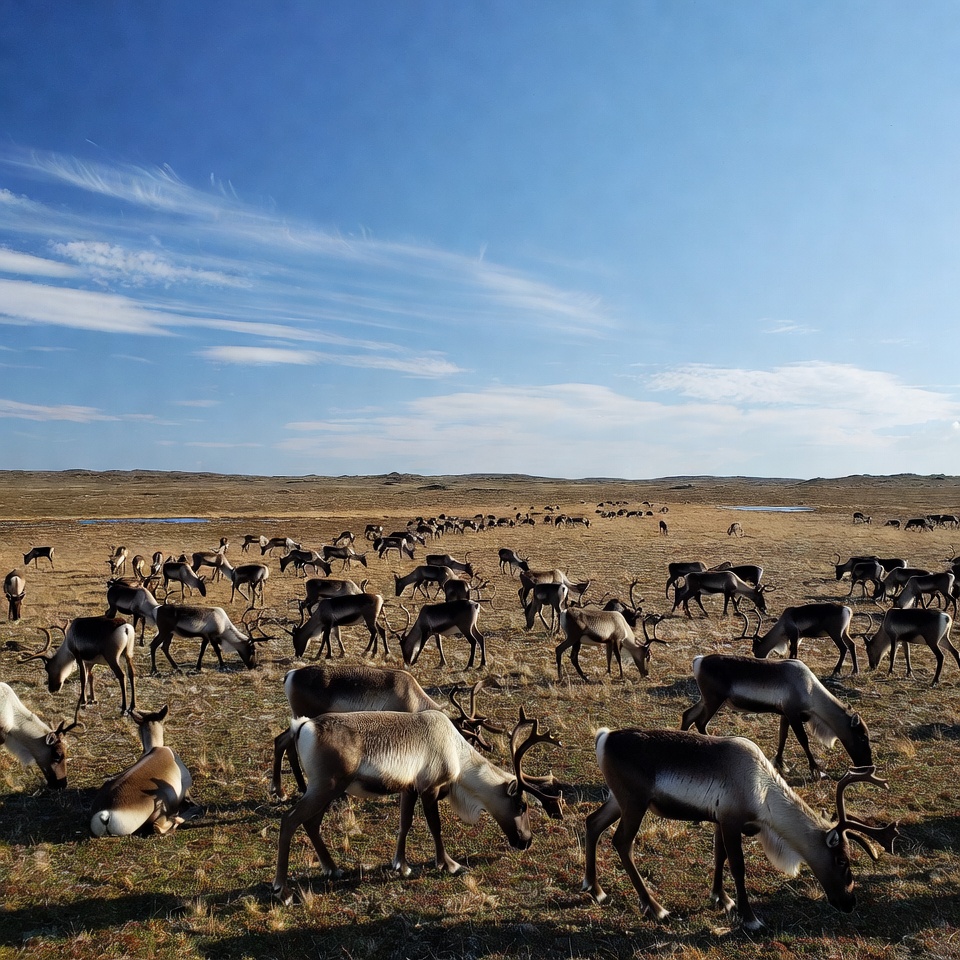 Herd of Reindeer Grazing in Tundra Herd of Reindeer Grazing in Tundra