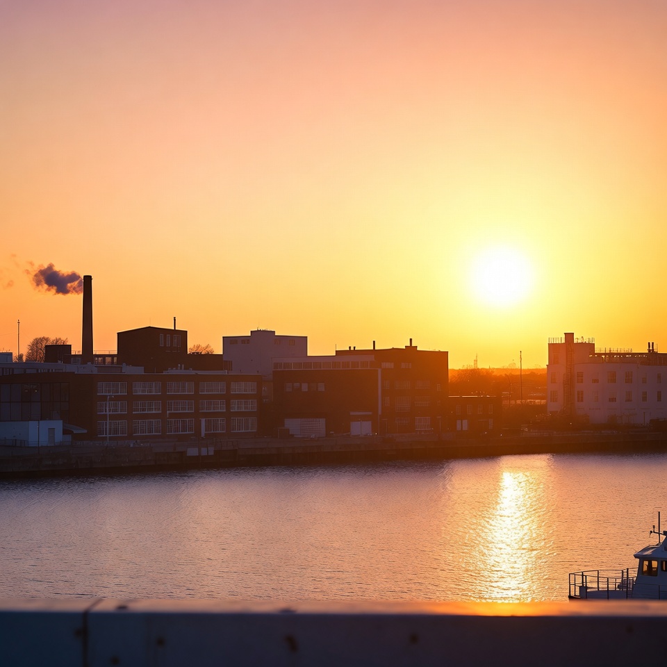 Industrial Silhouette Sunset Over River Industrial Silhouette Sunset Over River