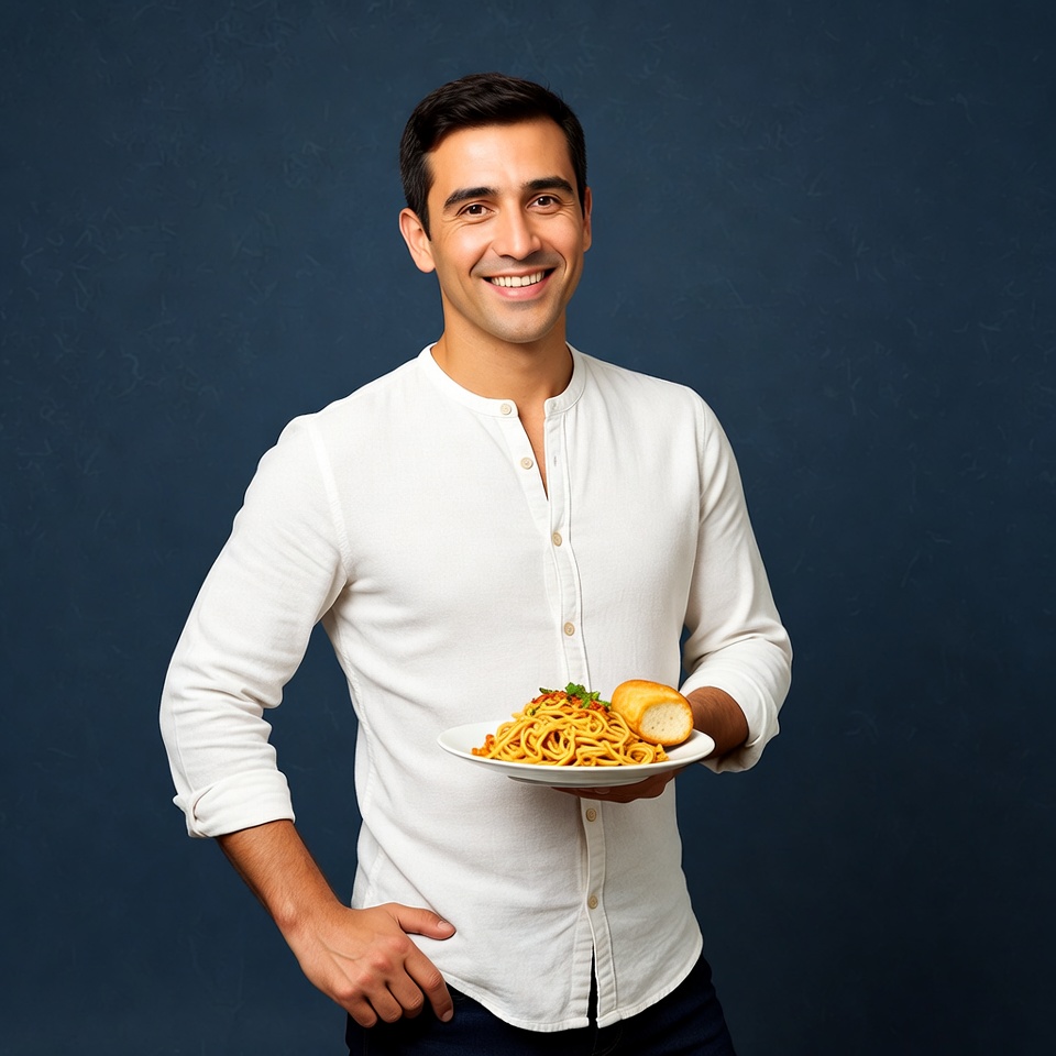 Man holding spaghetti and bread Man holding spaghetti and bread
