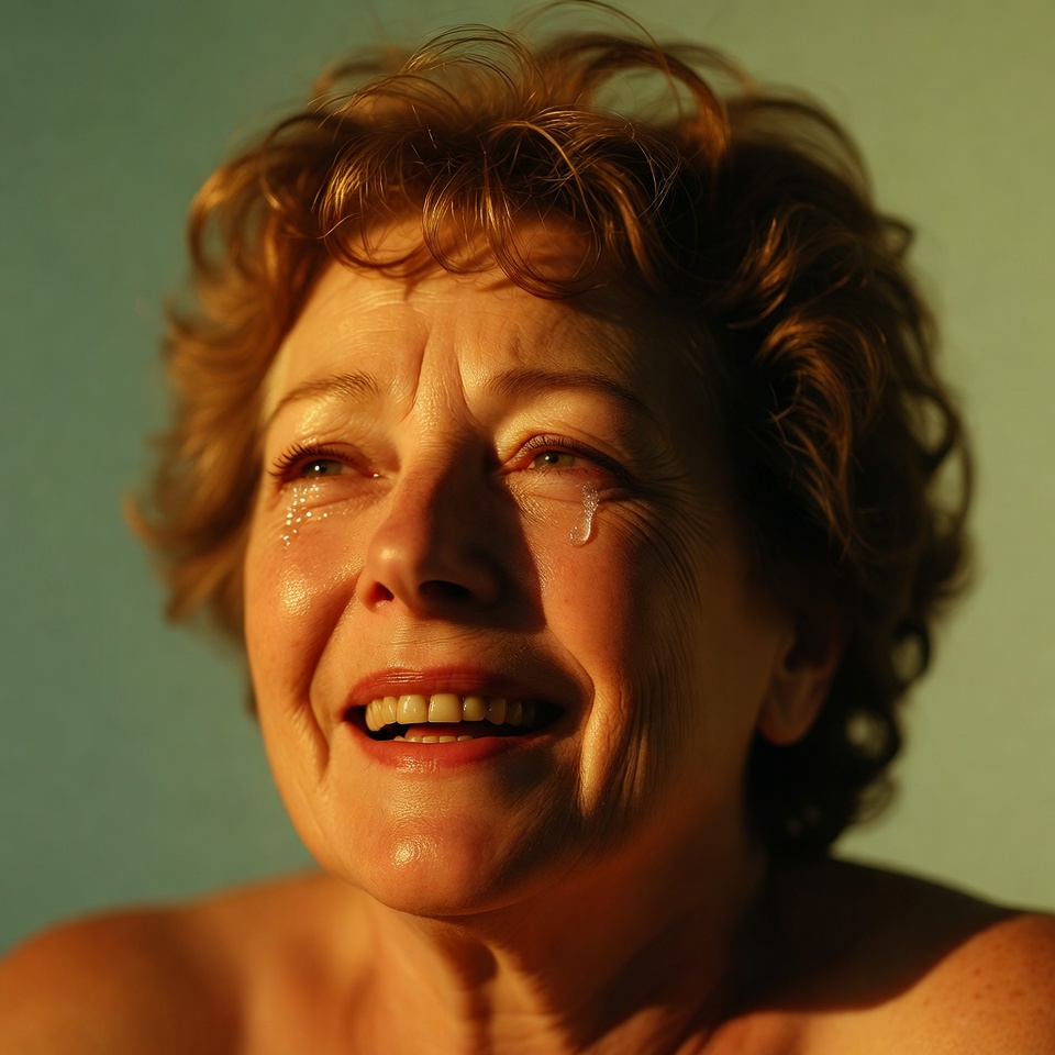 Elderly woman smiling with tears Elderly woman smiling with tears
