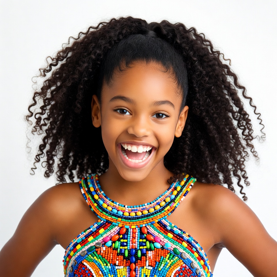 Smiling Black girl in colorful beaded top Smiling Black girl in colorful beaded top