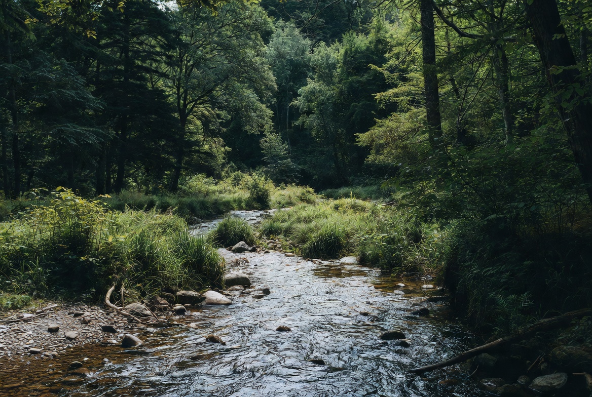 Forest Stream Flowing Through Green Valley Forest Stream Flowing Through Green Valley