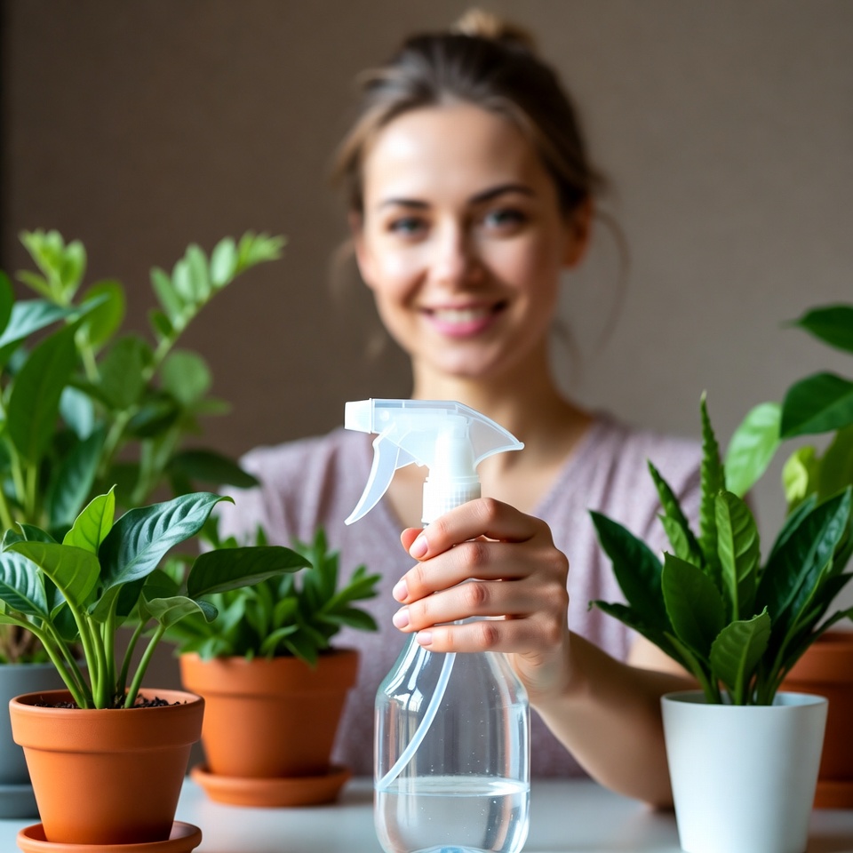 Woman spraying water on houseplants Woman spraying water on houseplants