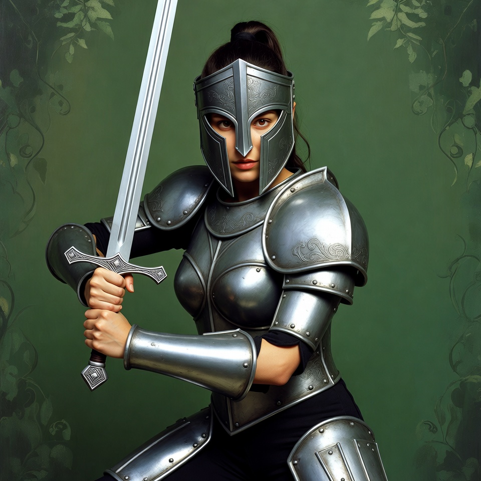 Woman warrior holding sword in armor Woman warrior holding sword in armor