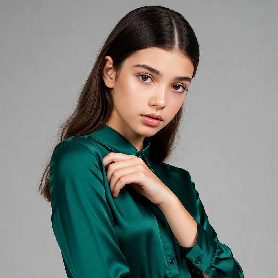Young woman in green silk shirt Young woman in green silk shirt
