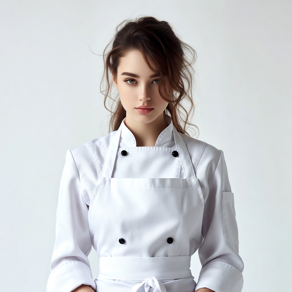 Woman wearing white chef uniform Woman wearing white chef uniform