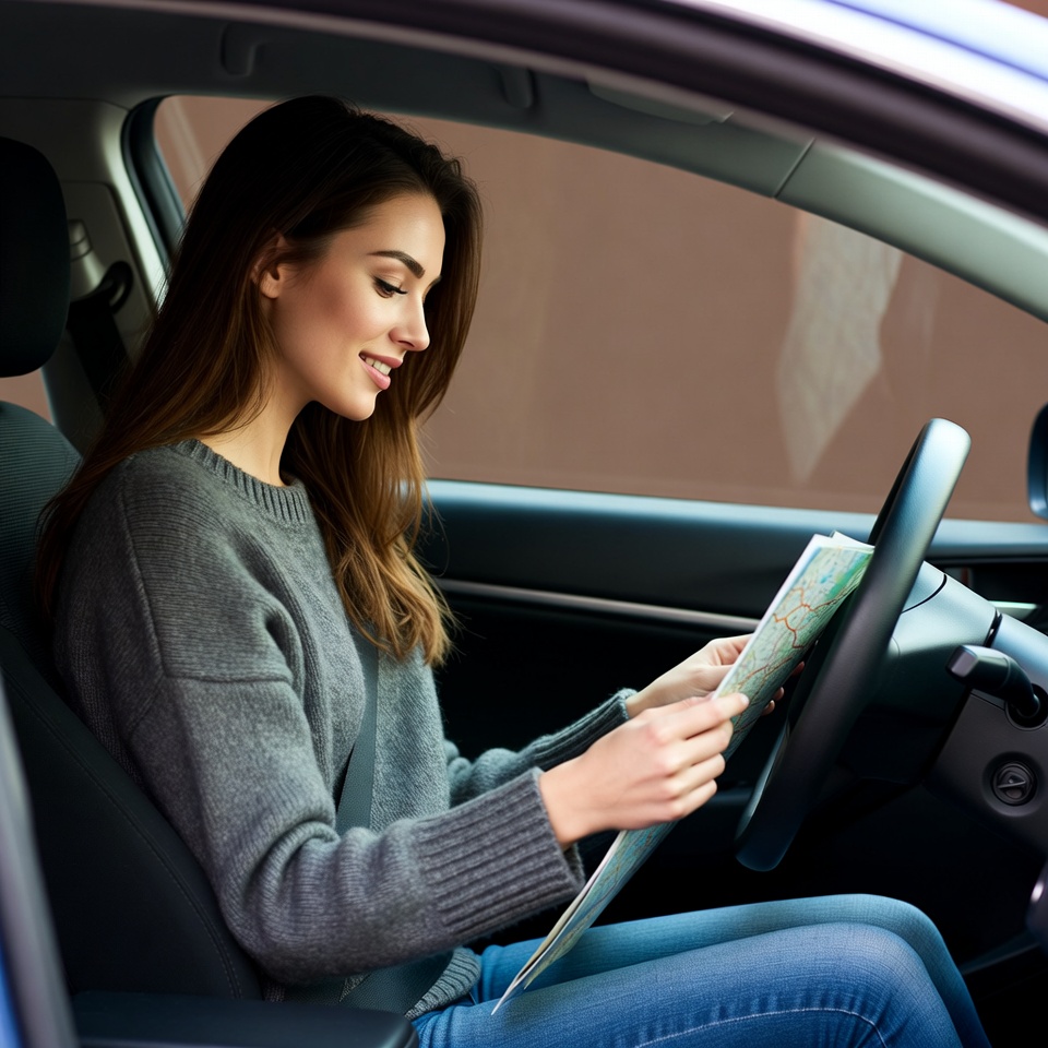 Woman reading map in car Woman reading map in car