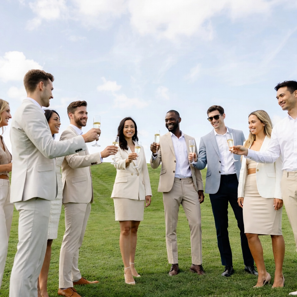 Group toasting champagne on green hill Group toasting champagne on green hill