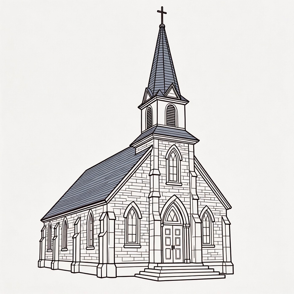 Line drawing of church with steeple Line drawing of church with steeple