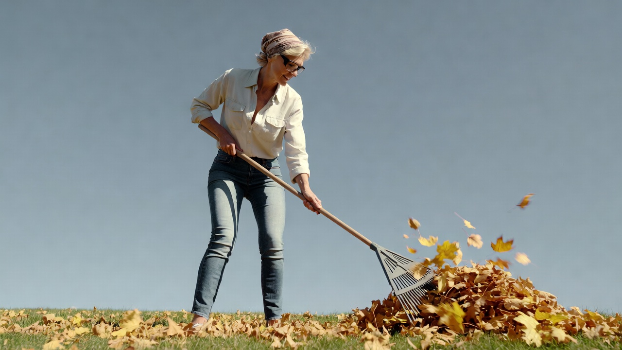 Woman raking fall leaves Woman raking fall leaves