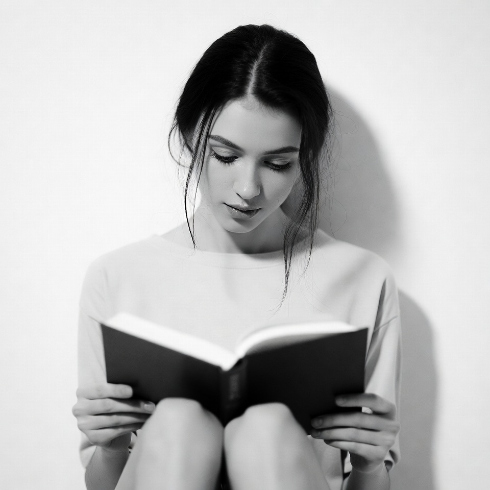 Woman reading book black and white Woman reading book black and white