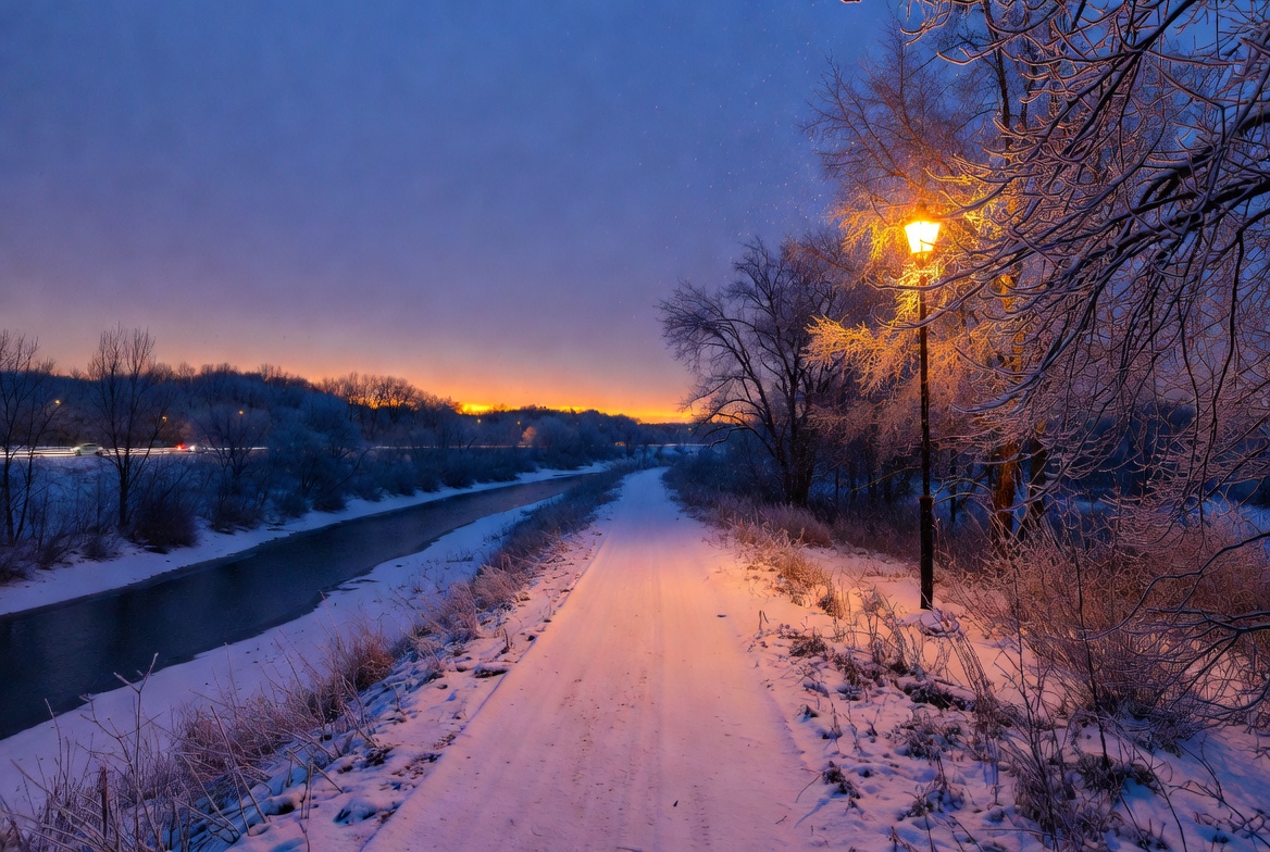 Snowy Path with Street Lamp at Twilight Snowy Path with Street Lamp at Twilight