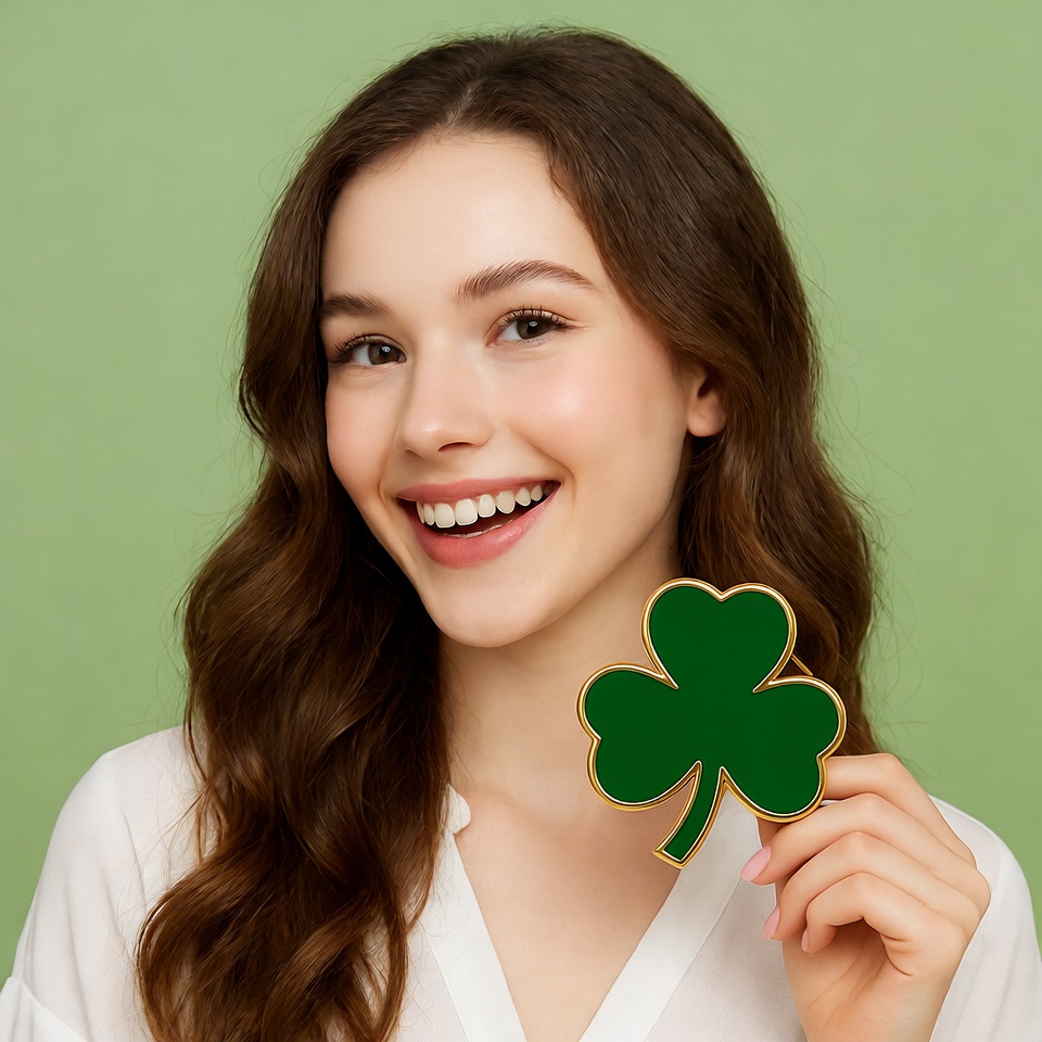 Smiling woman holding shamrock Smiling woman holding shamrock