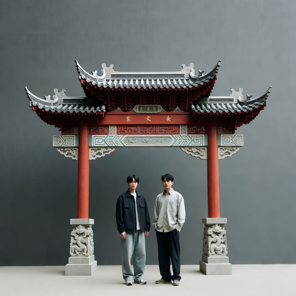Two Asian men standing under torii gate Two Asian men standing under torii gate