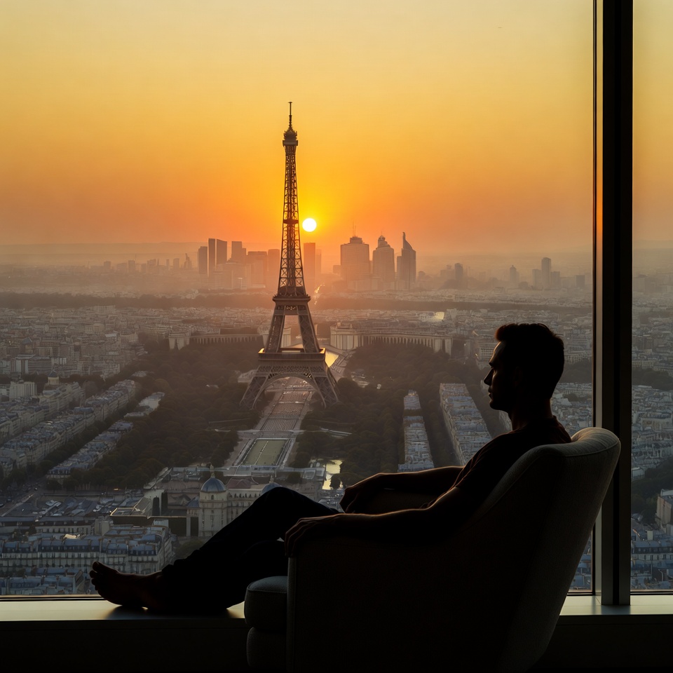 Man Silhouette Watching Eiffel Tower Sunset Man Silhouette Watching Eiffel Tower Sunset