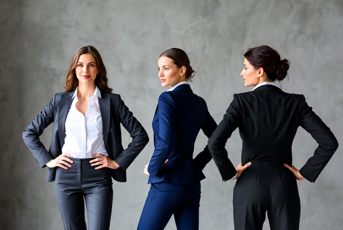 Three women in business suits standing Three women in business suits standing