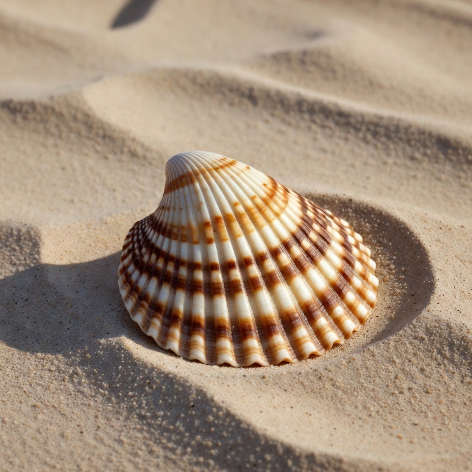 Scallop Shell on Beach Sand Scallop Shell on Beach Sand