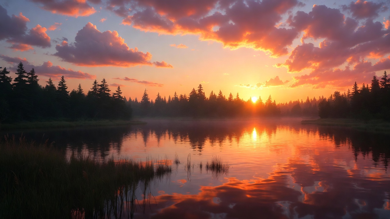 Sunset over misty lake with pine forest Sunset over misty lake with pine forest