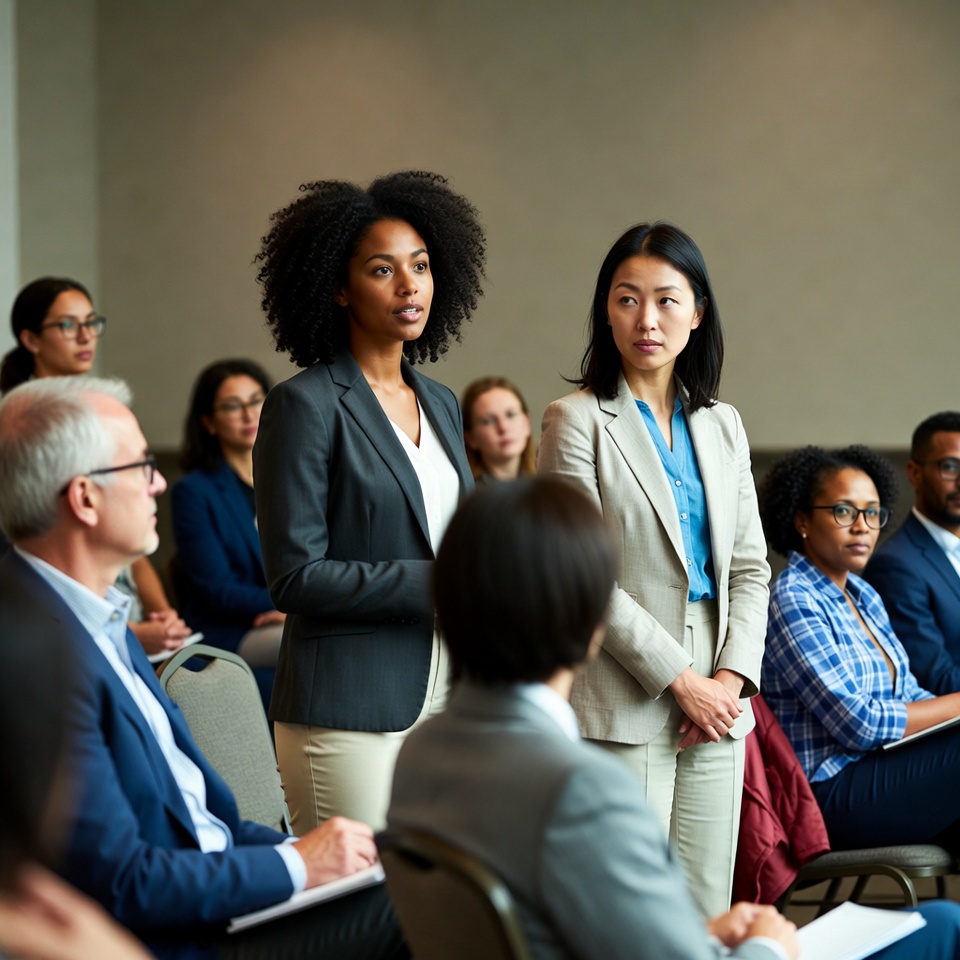 Diverse women standing at business conference Diverse women standing at business conference