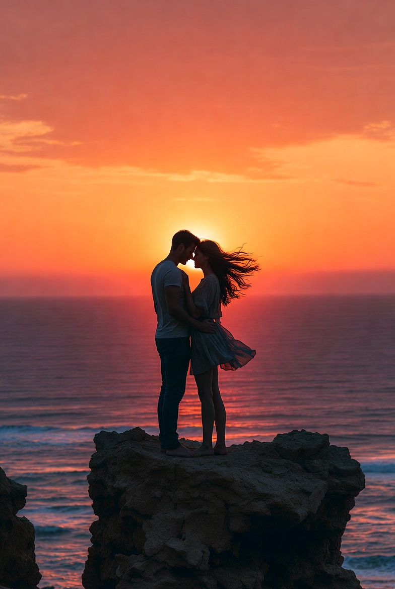 Couple embracing at sunset cliff Couple embracing at sunset cliff