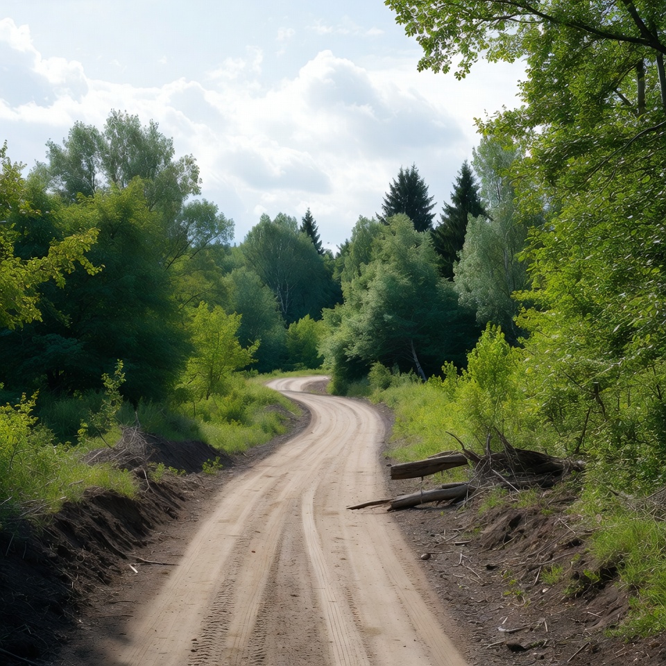 Curvy dirt road through green forest Curvy dirt road through green forest
