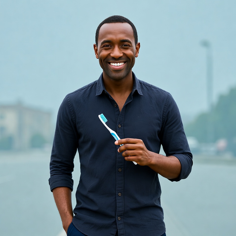 African-American man holding toothbrush African-American man holding toothbrush