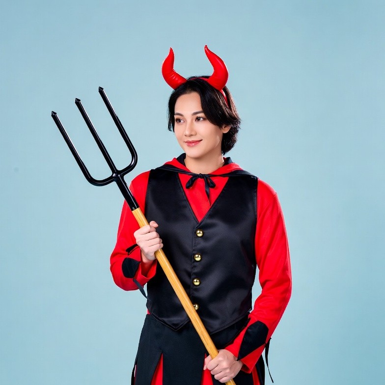 Man in devil costume with pitchfork Man in devil costume with pitchfork