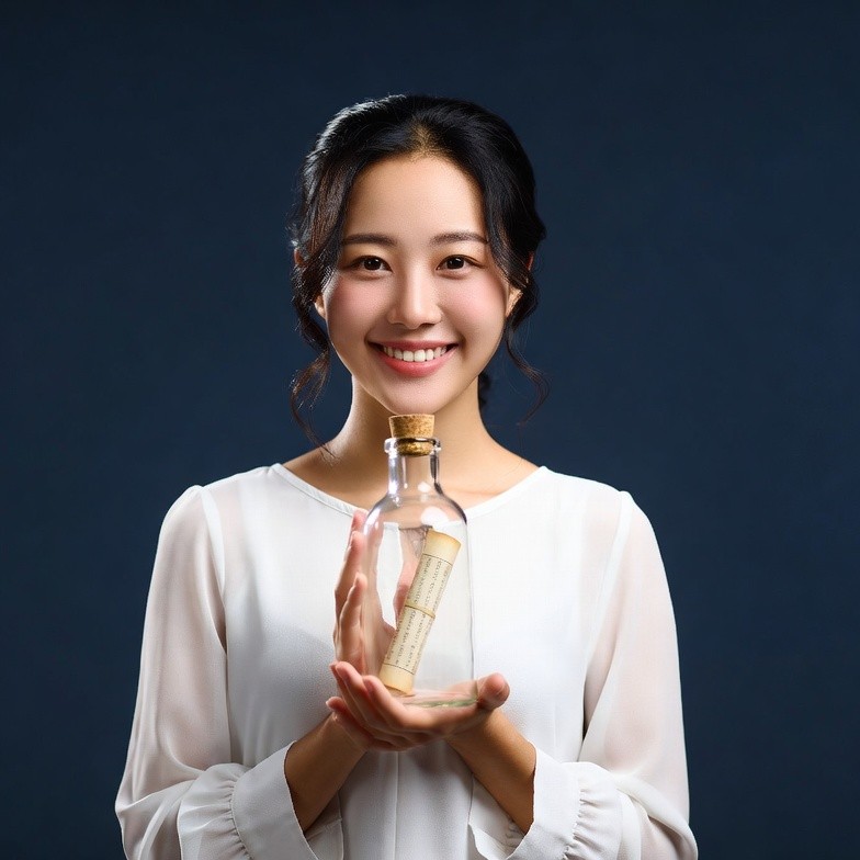 Asian woman holding message in bottle Asian woman holding message in bottle