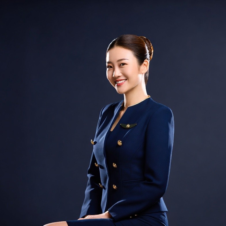 Asian woman in navy flight attendant uniform Asian woman in navy flight attendant uniform
