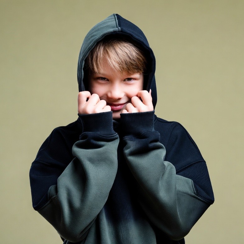 Boy smiling in black green hoodie Boy smiling in black green hoodie