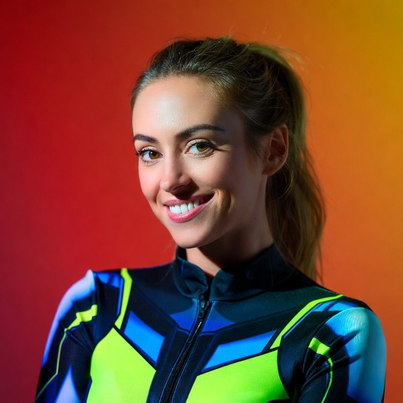 Woman in colorful bodysuit smiling Woman in colorful bodysuit smiling