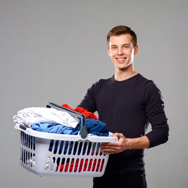 Young man holding laundry basket Young man holding laundry basket