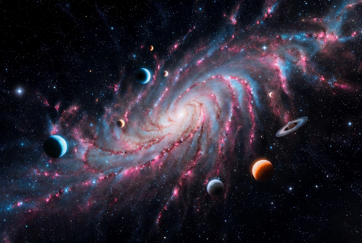 Spiral Galaxy with Orbiting Planets Spiral Galaxy with Orbiting Planets